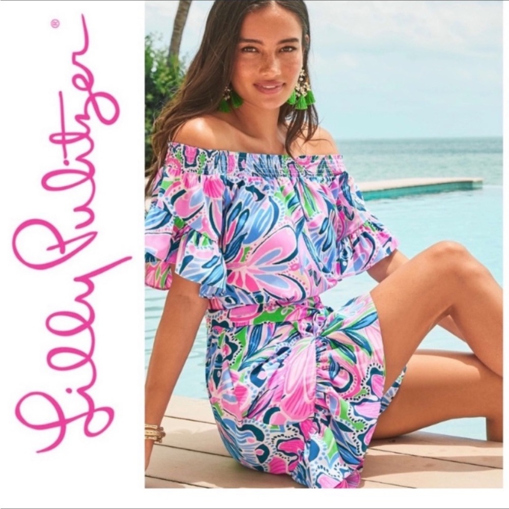 Lilly Pulitzer NWT Maddlyn Off Shoulder stretchy Dress Tiger Sunrise sundress L - Picture 2 of 9